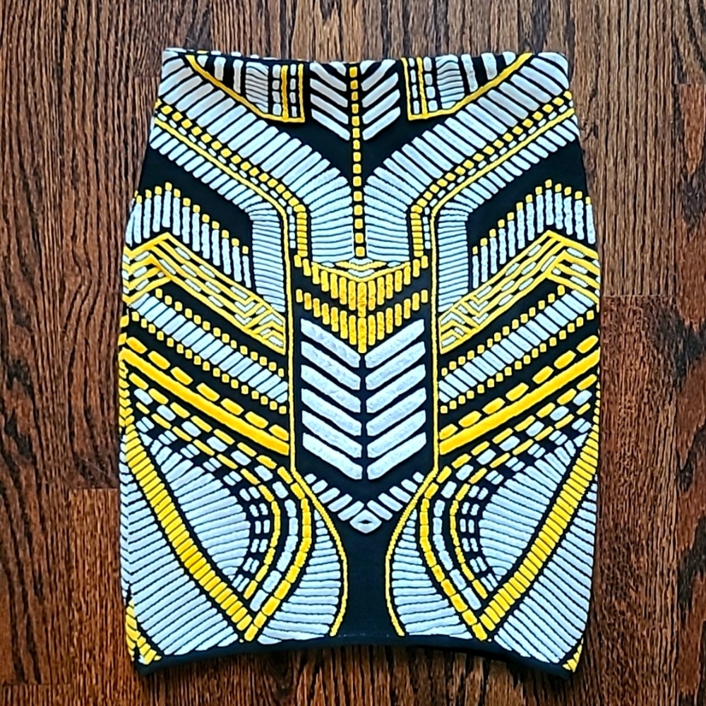 RVN S XS Thick Knit Mini Skirt Black Yellow Geometric Jacquard